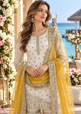white&yellow silk blend readymade suit with embroidery & sequence work 2