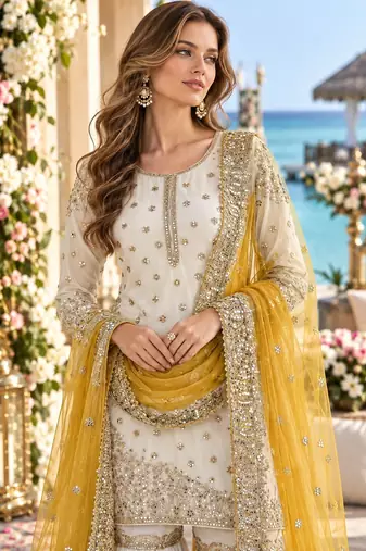 white&yellow silk blend readymade suit with embroidery & sequence work