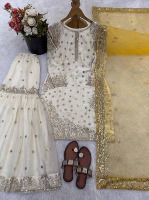 white&yellow silk blend readymade suit with embroidery & sequence work 3