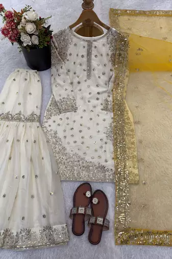 white&yellow silk blend readymade suit with embroidery & sequence work