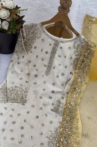 white&yellow silk blend readymade suit with embroidery & sequence work