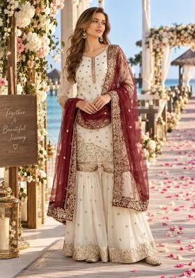white&maroon silk blend readymade suit with embroidery & sequence work 1