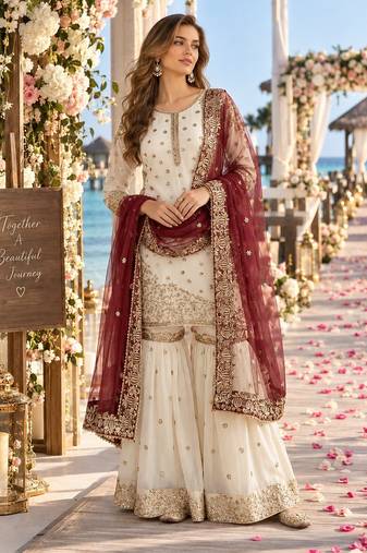 white&maroon silk blend readymade suit with embroidery & sequence work