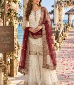 white&maroon silk blend readymade suit with embroidery & sequence work
