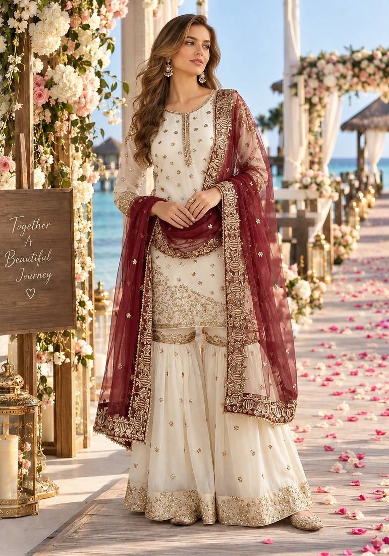 white&maroon silk blend readymade suit with embroidery & sequence work