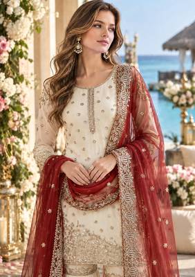 white&maroon silk blend readymade suit with embroidery & sequence work 2