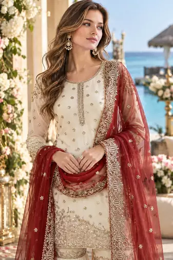 white&maroon silk blend readymade suit with embroidery & sequence work