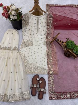 white&maroon silk blend readymade suit with embroidery & sequence work 3