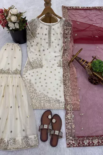 white&maroon silk blend readymade suit with embroidery & sequence work