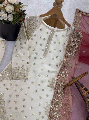 white&maroon silk blend readymade suit with embroidery & sequence work 4