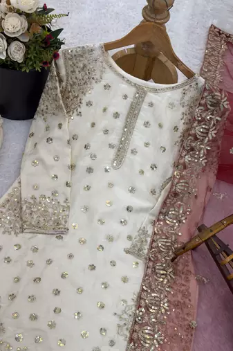 white&maroon silk blend readymade suit with embroidery & sequence work