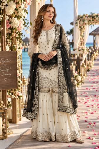 white&black silk blend readymade suit with embroidery & sequence work