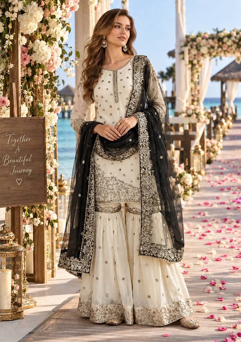 white&black silk blend readymade suit with embroidery & sequence work
