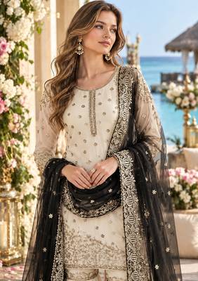 white&black silk blend readymade suit with embroidery & sequence work 2