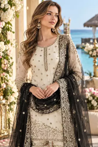 white&black silk blend readymade suit with embroidery & sequence work
