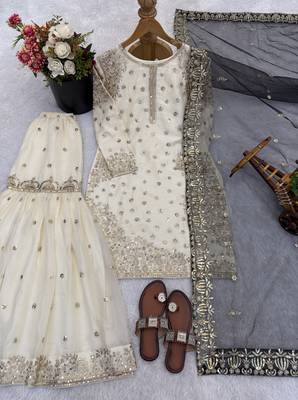 white&black silk blend readymade suit with embroidery & sequence work 3