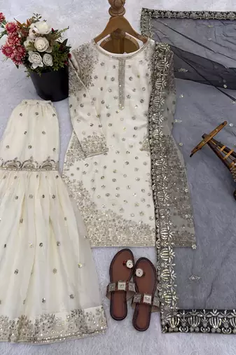 white&black silk blend readymade suit with embroidery & sequence work