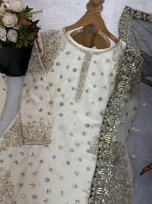 white&black silk blend readymade suit with embroidery & sequence work 4