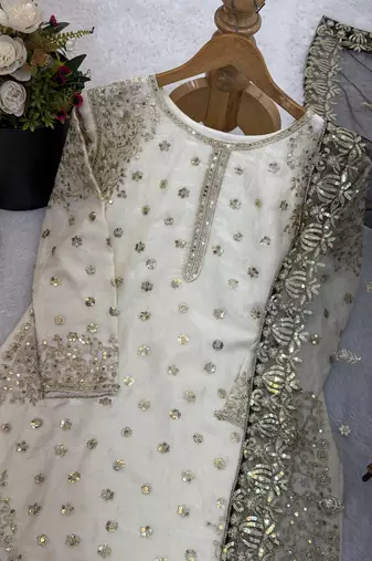 white&black silk blend readymade suit with embroidery & sequence work