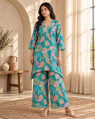 Turquoise printed silk blend co-ord set 1