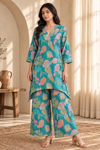 Turquoise printed silk blend co-ord set