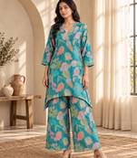 Turquoise printed silk blend co-ord set