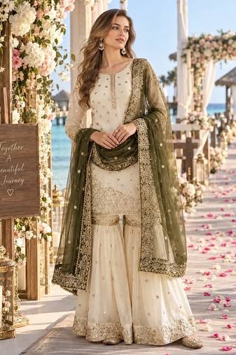 white&mehendi silk blend readymade suit with embroidery & sequence work