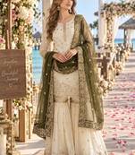white&mehendi silk blend readymade suit with embroidery & sequence work