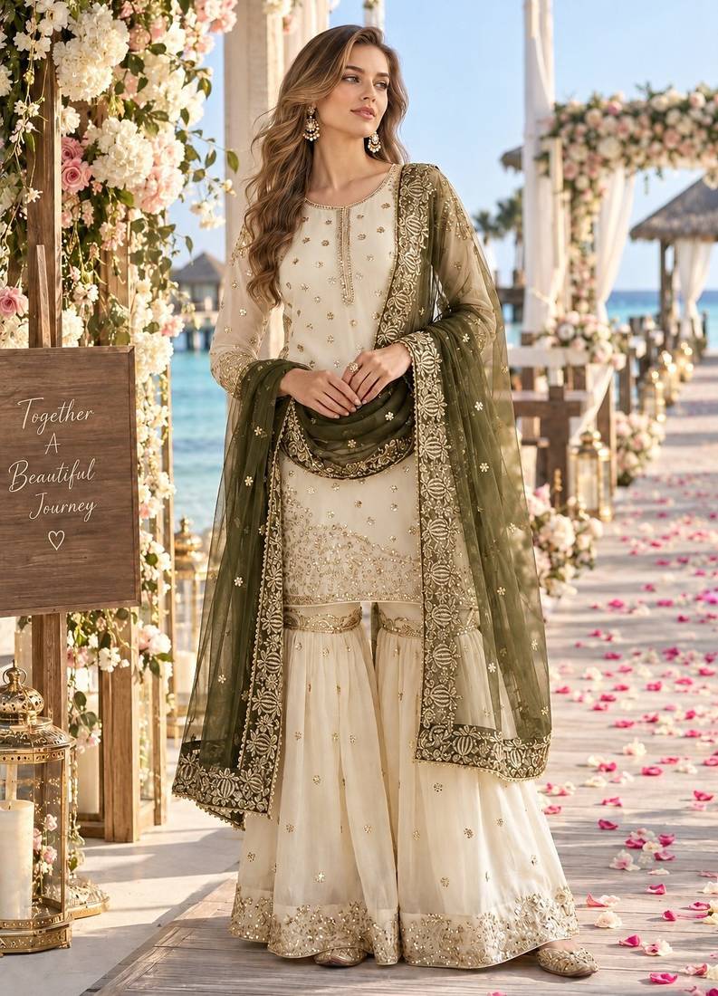 white&mehendi silk blend readymade suit with embroidery & sequence work