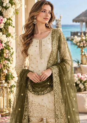 white&mehendi silk blend readymade suit with embroidery & sequence work 2