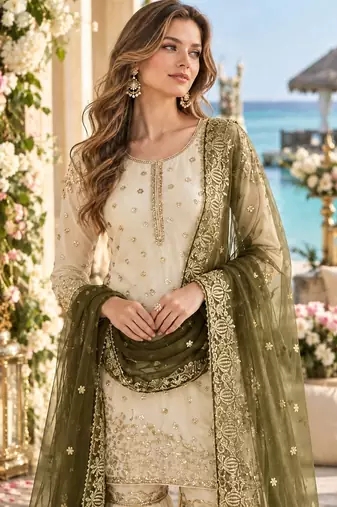 white&mehendi silk blend readymade suit with embroidery & sequence work