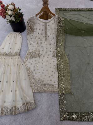 white&mehendi silk blend readymade suit with embroidery & sequence work 3