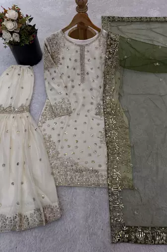 white&mehendi silk blend readymade suit with embroidery & sequence work