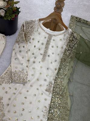 white&mehendi silk blend readymade suit with embroidery & sequence work 4