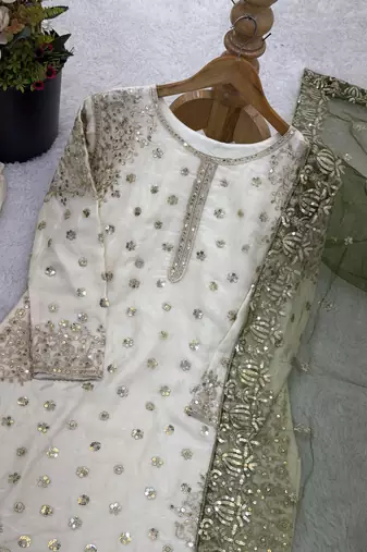 white&mehendi silk blend readymade suit with embroidery & sequence work