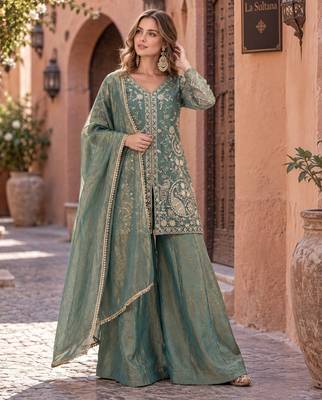 blue silk blend readymade suit with embroidery & sequence work 1
