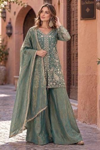 blue silk blend readymade suit with embroidery & sequence work