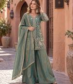 blue silk blend readymade suit with embroidery & sequence work