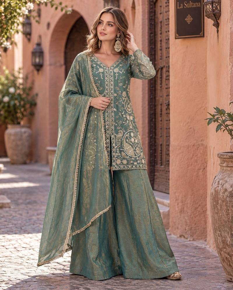 blue silk blend readymade suit with embroidery & sequence work