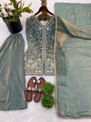 blue silk blend readymade suit with embroidery & sequence work 3
