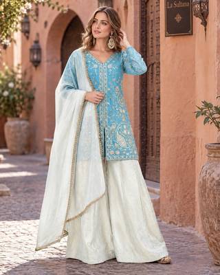 sky&white silk blend readymade suit with embroidery & sequence work 1