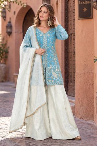 sky&white silk blend readymade suit with embroidery & sequence work