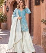 sky&white silk blend readymade suit with embroidery & sequence work