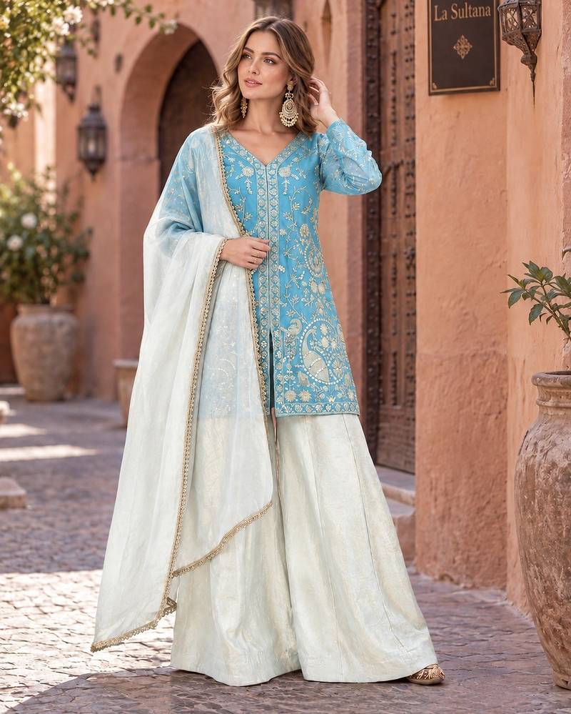 sky&white silk blend readymade suit with embroidery & sequence work