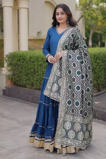 Designer reyon gown with gota patti & lumpy lace work with viscose jacquard dupatta | free size 38-44