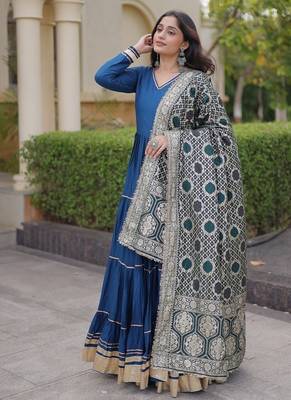 Designer reyon gown with gota patti & lumpy lace work with viscose jacquard dupatta | free size 38-44 2