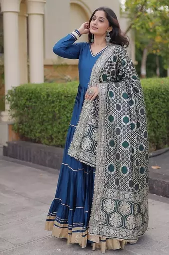 Designer reyon gown with gota patti & lumpy lace work with viscose jacquard dupatta | free size 38-44