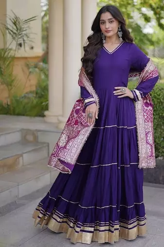 Designer reyon gown with gota patti & lumpy lace work with viscose jacquard dupatta | free size 38-44