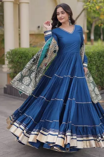 Designer reyon gown with gota patti & lumpy lace work with viscose jacquard dupatta | free size 38-44