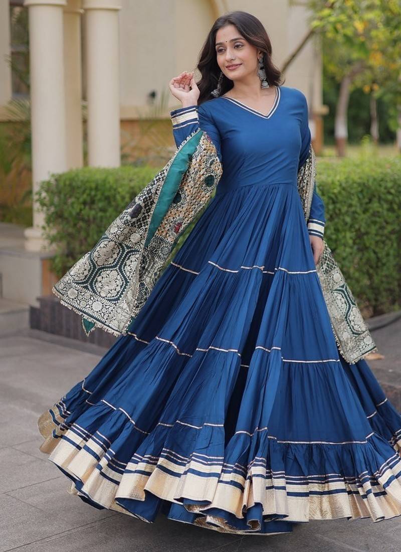Designer reyon gown with gota patti & lumpy lace work with viscose jacquard dupatta | free size 38-44